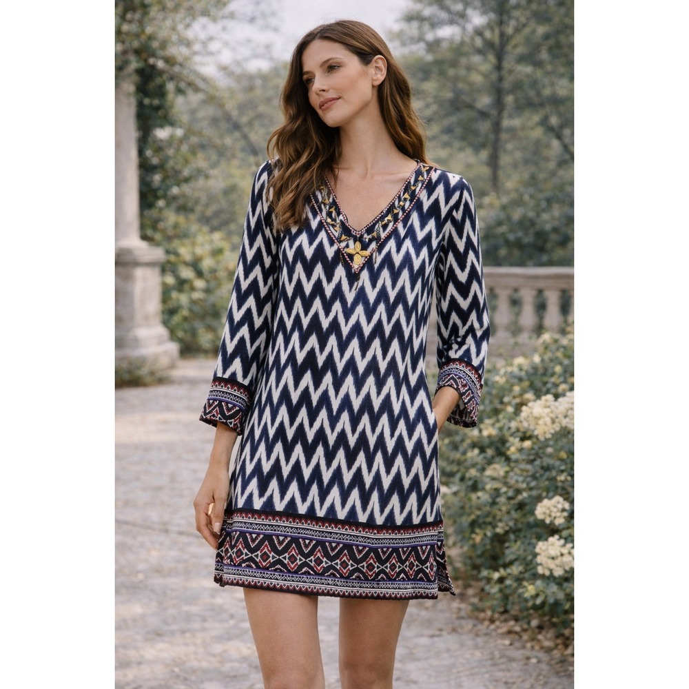 Kaktus‎ Womens Large Chevron Ikat Embellished V-Neck Tunic Dress Artsy eclectic